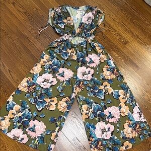 Zara Olive Green Floral Wide-Leg Jumpsuit with Pink & Blue Flowers